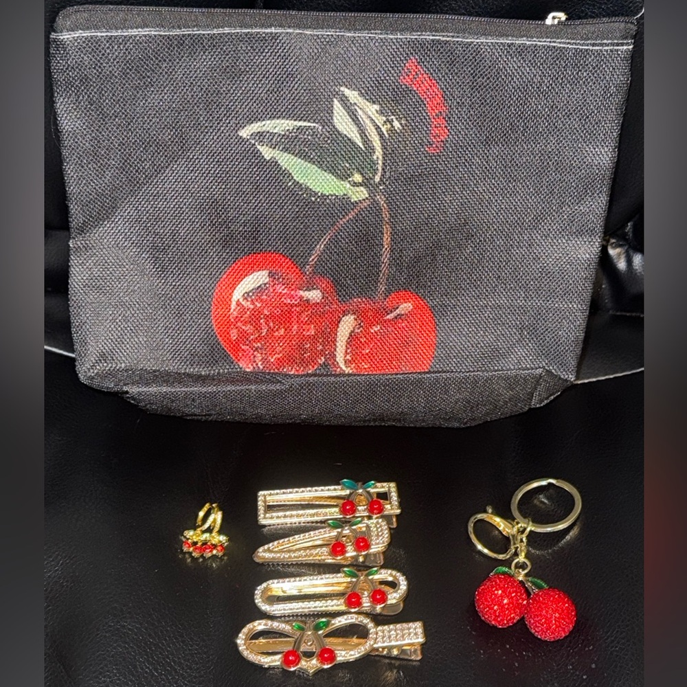 Adorable Cherry Bundle – Cosmetic Pouch, Rhinestone Clips, Earrings & Charm